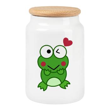 Frog in love with hearts – Love Design - Cookie Jar with Wooden Lid - white - Front