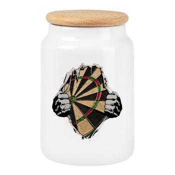 Dart - Dartscheibe unterm Shirt - Keksdose mit Holzdeckel - Weiß - Vorne