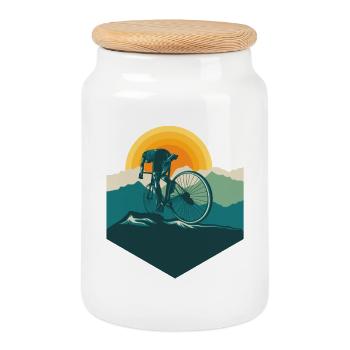Road Cyclist Mountains Sun - Cookie Jar with Wooden Lid - white - Front