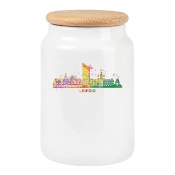 Leipzig Skyline Colorful Leipziger - Cookie Jar with Wooden Lid - white - Front