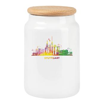 Stuttgart Skyline Colorful Stuttgarter - Cookie Jar with Wooden Lid - white - Front