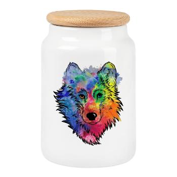 Visage de loup Aquarelle colorée Tête de loup - Boîte à biscuits avec couvercle en bois - blanc - Devant