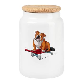 Bouledogue anglais sur une planche à roulettes - Boîte à biscuits avec couvercle en bois - blanc - Devant