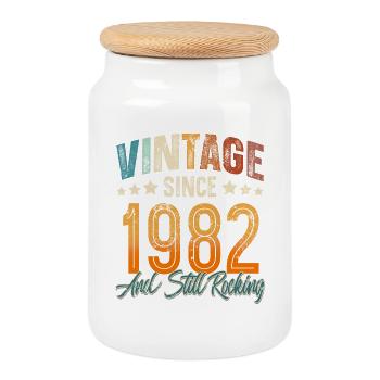 1982 Année de naissance Anniversaire Année de construction Millésime - Boîte à biscuits avec couvercle en bois - blanc - Devant
