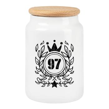 97 - Born year Year of birth 1997 - Cookie Jar with Wooden Lid - white - Front