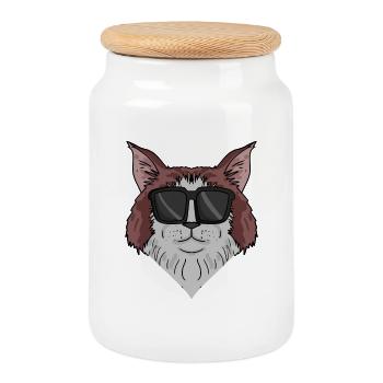 Maine-Coon Katze mit Sonnenbrille - Keksdose mit Holzdeckel - Weiß - Vorne
