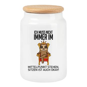 Lustiger Spruch König - im Mittelpunkt stehen - Keksdose mit Holzdeckel - Weiß - Vorne