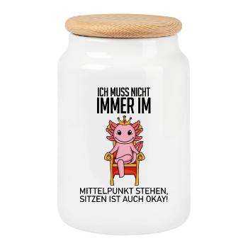 Lustiger Spruch König - im Mittelpunkt stehen - Keksdose mit Holzdeckel - Weiß - Vorne