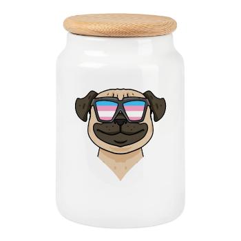Transgender Pug Dog - Dog with Glasses - Cookie Jar with Wooden Lid - white - Front