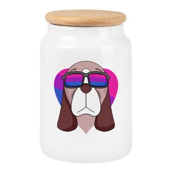 Bisexual Basset Hound Dog - Dog with glasses - Cookie Jar with Wooden Lid - white - Front