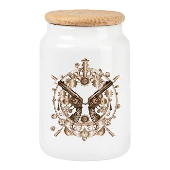 richly decorated steampunk revolvers with cartridges - Cookie Jar with Wooden Lid - white - Front