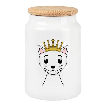 Chat avec couronne - Angora turc avec couronne - Boîte à biscuits avec couvercle en bois - blanc - Devant