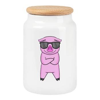 Cochon avec lunettes de soleil - Boîte à biscuits avec couvercle en bois - blanc - Devant