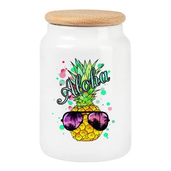 Aloha Ananas mit Sonnenbrille - Keksdose mit Holzdeckel - Weiß - Vorne