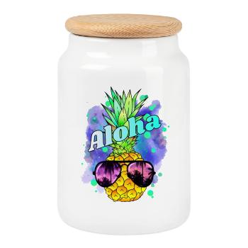 Pineapple Aloha Colorful - Cookie Jar with Wooden Lid - white - Front