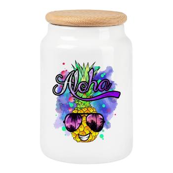 funny pineapple cool and colorful - Cookie Jar with Wooden Lid - white - Front