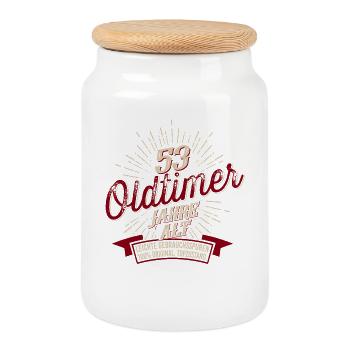 53. Geburtstag Oldtimer - Keksdose mit Holzdeckel - Weiß - Vorne