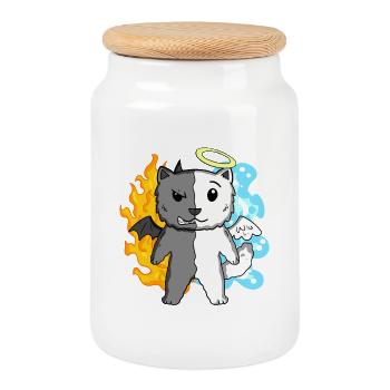 Cat Cat Breed Persian Cat - Angel and Devil - Cookie Jar with Wooden Lid - white - Front