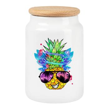Pineapple Art - Cookie Jar with Wooden Lid - white - Front