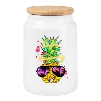Ananas mit coolen lächeln und Sonnenbrille - Keksdose mit Holzdeckel - Weiß - Vorne