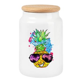 spritzige Ananas Frucht mit Gesicht - Keksdose mit Holzdeckel - Weiß - Vorne