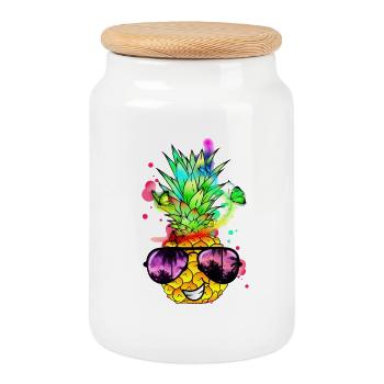 coole Ananas in bunten Farben - Keksdose mit Holzdeckel - Weiß - Vorne