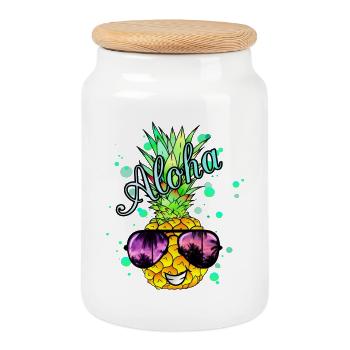 Aloha pineapple with splashes of paint - Cookie Jar with Wooden Lid - white - Front