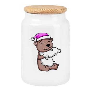 Ours avec oreiller et bonnet de couchage - Boîte à biscuits avec couvercle en bois - blanc - Devant