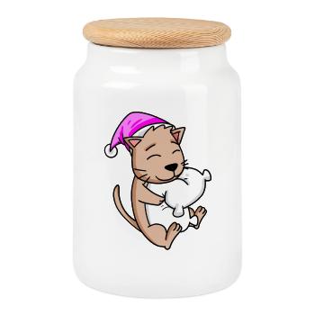 Chat avec oreiller - Boîte à biscuits avec couvercle en bois - blanc - Devant