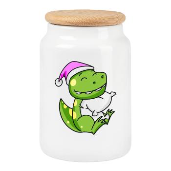 Dinosaure avec oreiller et bonnet de couchage - Boîte à biscuits avec couvercle en bois - blanc - Devant