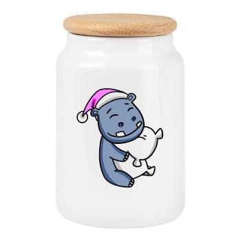 Hippopotame avec oreiller et bonnet de couchage - Boîte à biscuits avec couvercle en bois - blanc - Devant