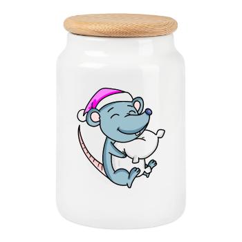 Souris avec oreiller et bonnet de couchage - Boîte à biscuits avec couvercle en bois - blanc - Devant