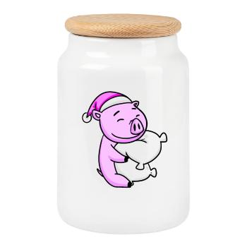 Cochon avec oreiller et bonnet de couchage - Boîte à biscuits avec couvercle en bois - blanc - Devant