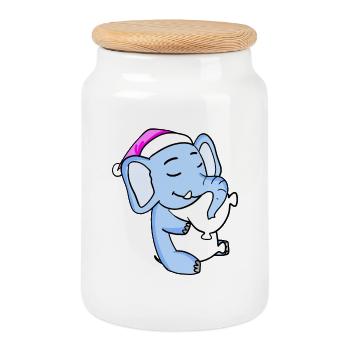 Éléphant avec oreiller et bonnet de couchage - Boîte à biscuits avec couvercle en bois - blanc - Devant