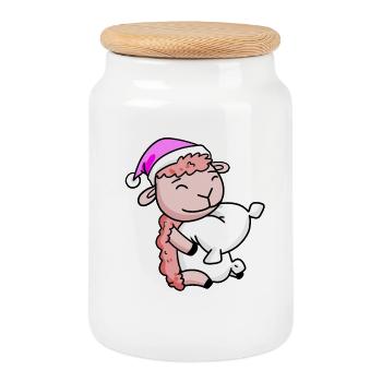 Mouton avec oreiller et bonnet de couchage - Boîte à biscuits avec couvercle en bois - blanc - Devant