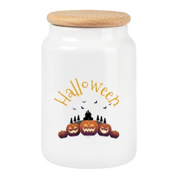 Halloween Pumpkins & Castle - Cookie Jar with Wooden Lid - white - Front