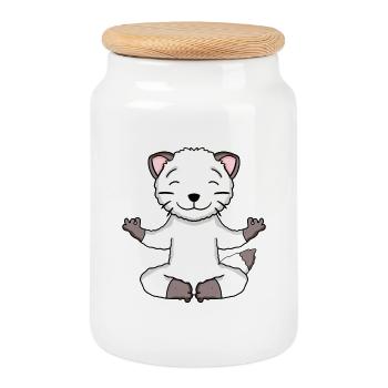 Chat de yoga Propriétaire de chat Bobtail japonais - Boîte à biscuits avec couvercle en bois - blanc - Devant