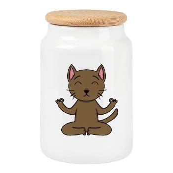 Chat de yoga Propriétaire de chat Abyssinian Cat - Boîte à biscuits avec couvercle en bois - blanc - Devant