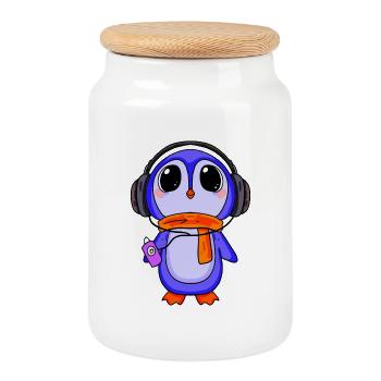 Penguin écoute de la musique - Boîte à biscuits avec couvercle en bois - blanc - Devant