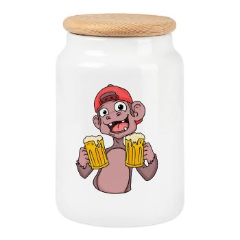 Affe mit Biergläser - Keksdose mit Holzdeckel - Weiß - Vorne