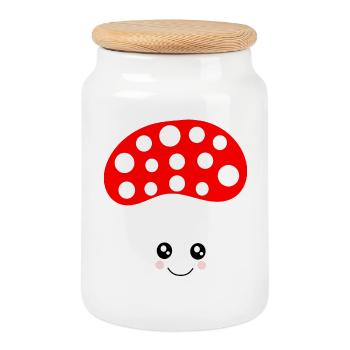 Kawaii, champignon, crapaud - Boîte à biscuits avec couvercle en bois - blanc - Devant