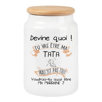 Devine quoi ! Tata voudrais-tu être ma marraine ? - Boîte à biscuits avec couvercle en bois - blanc - Devant