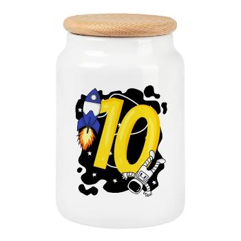 Boy 10 years old - 10th birthday gift - Cookie Jar with Wooden Lid - white - Front