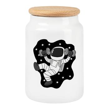 Astronaut with dumbbells in space - Cookie Jar with Wooden Lid - white - Front