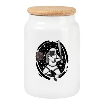 Astronaute avec batte de baseball dans l’espace - Boîte à biscuits avec couvercle en bois - blanc - Devant