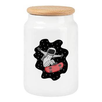 Astronaut with skateboard in space - Cookie Jar with Wooden Lid - white - Front