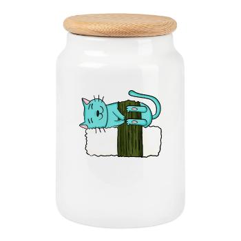 Sushi Cat - Cookie Jar with Wooden Lid - white - Front