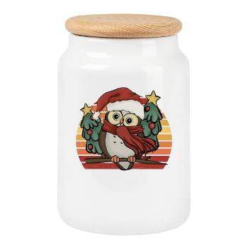 Cute Christmas Owl Christmas Owl Gift - Cookie Jar with Wooden Lid - white - Front