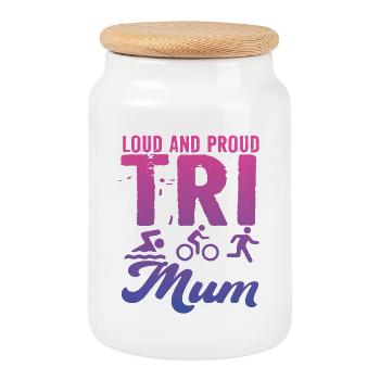 Triathlète Tri Maman bruyante et fière - Boîte à biscuits avec couvercle en bois - blanc - Devant
