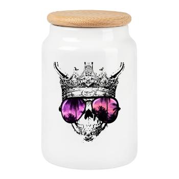 Hipster Skull King - Cookie Jar with Wooden Lid - white - Front